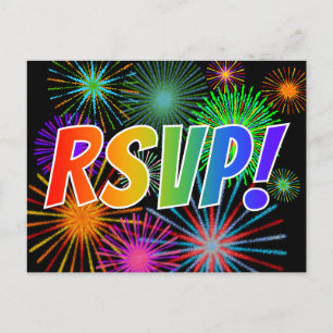 Colourful Rainbow Letters "RSVP!", Firework Patter Postcard