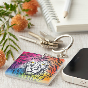 Colourful Rainbow Lion Head Bold Wildlife Key Ring