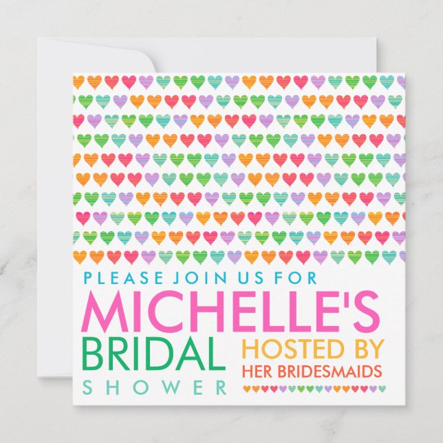 Colourful Rainbow Love Hearts Bridal Shower Invite (Front)