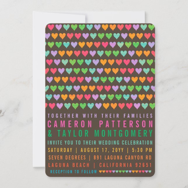 Colourful Rainbow Love Hearts Modern Summer Weddin Invitation (Front)