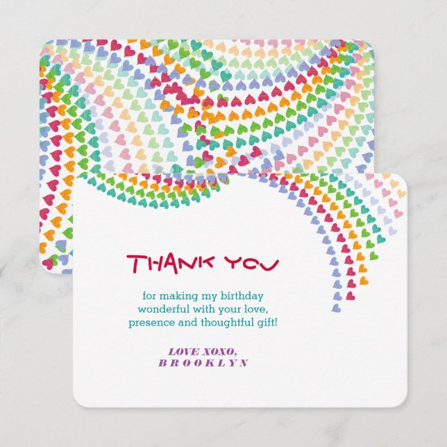 Colourful Rainbow Love Hearts Sprinkles Birthday Thank You Card (Front/Back)