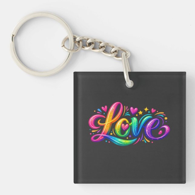 Colourful Rainbow Love Typography Design Key Ring (Front)