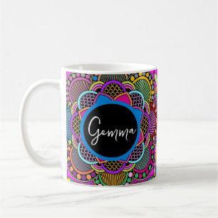 Colourful Rainbow Mandala Doodle Art Custom Name   Coffee Mug