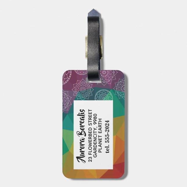 Colourful rainbow mandala personalised luggage tag (Back Vertical)