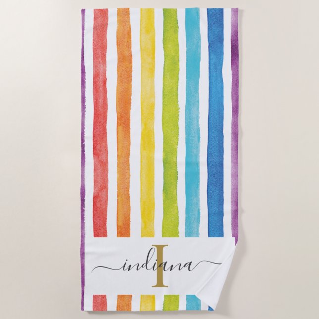 Colourful Rainbow Monogram Name Watercolor Stripes Beach Towel (Front)