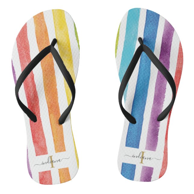 Colourful Rainbow Monogram Stripes Cute Odd Pair Flip Flops (Footbed)
