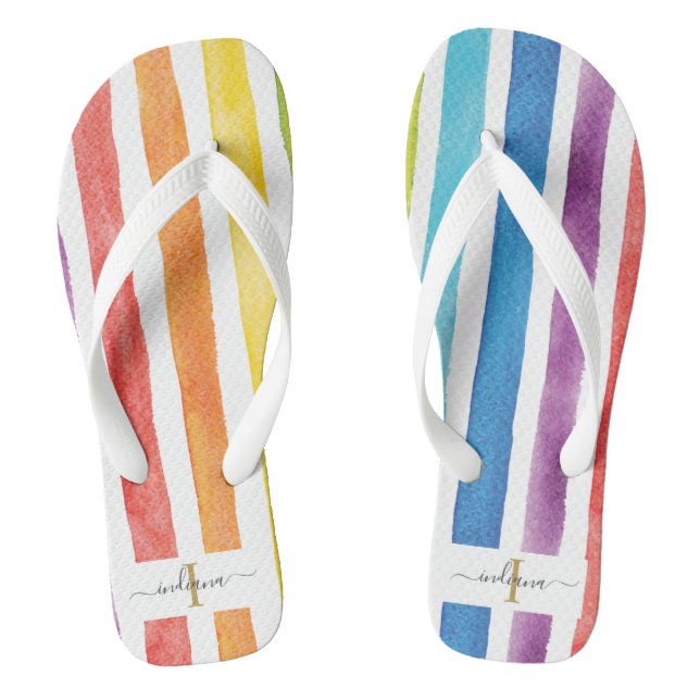 Colourful Rainbow Monogram Stripes Summer Odd Pair Flip Flops (Footbed)