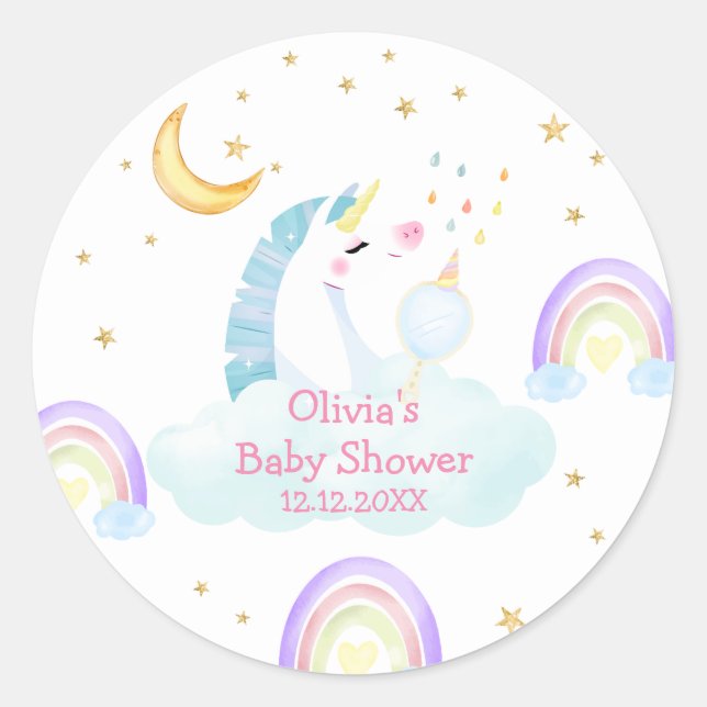 Colourful Rainbow Moon Star Unicorn Baby Shower Classic Round Sticker (Front)