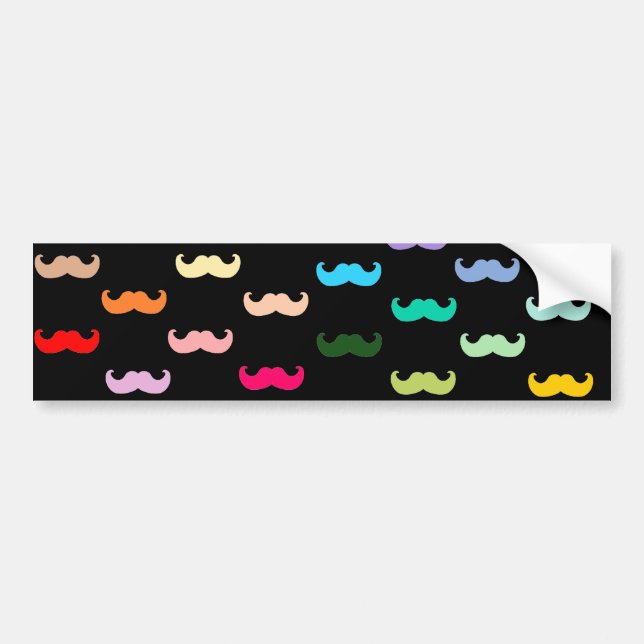 Colourful Rainbow Moustache pattern on black Bumper Sticker (Front)