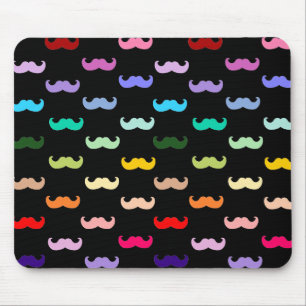 Colourful Rainbow Moustache pattern on black Mouse Mat