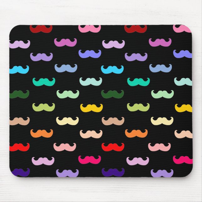 Colourful Rainbow Moustache pattern on black Mouse Mat (Front)
