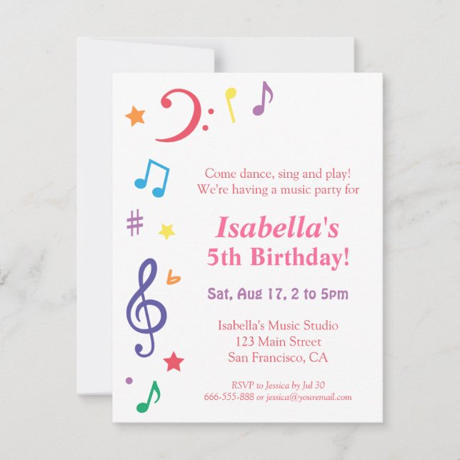 Colourful Rainbow Music Themed Birthday Party Invitation (Front)