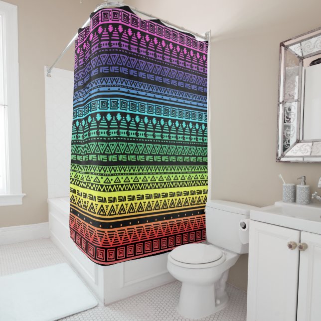 Colourful rainbow ornament shower curtain (In Situ)