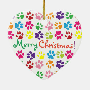 Colourful Rainbow Paw Prints Merry Christmas Ceramic Tree Decoration
