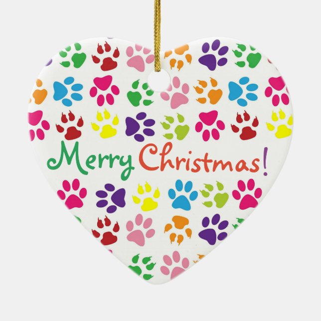 Colourful Rainbow Paw Prints Merry Christmas Ceramic Tree Decoration (Back)