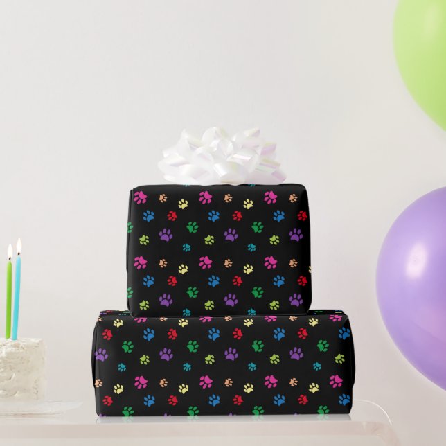 Colourful Rainbow Paw Prints on Black Wrapping Paper (Party Gifts)
