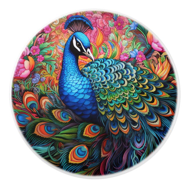Colourful Rainbow Peacock Ceramic Knob (Front)