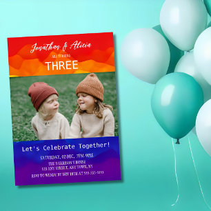 Colourful Rainbow Photo Kids Joint Birthday  Invitation