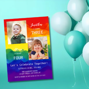 Colourful Rainbow Photo Together Joint Birthday  Invitation