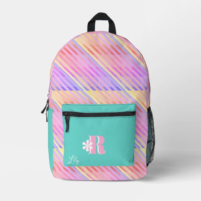 Colourful Rainbow Plaid Monogram Name Girls Printed Backpack (Front)