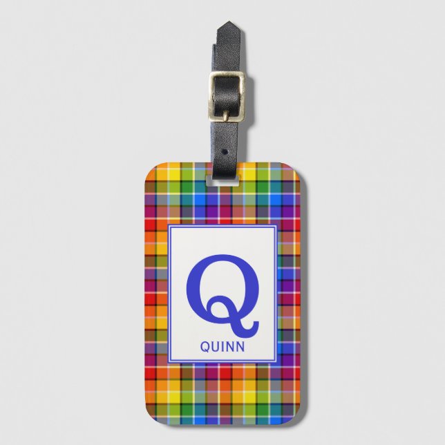 Colourful Rainbow Plaid Monogrammed Luggage Tag (Front Vertical)