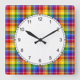 Colourful Rainbow Plaid Pattern Square Wall Clock
