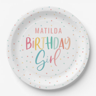 Colourful rainbow polka dot birthday girl paper plate