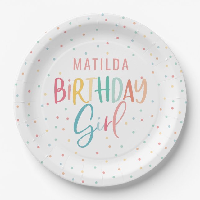 Colourful rainbow polka dot birthday girl paper plate (Front)