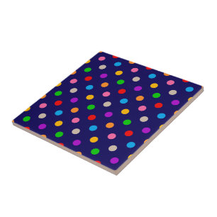 Colourful Rainbow Polka Dots Blue Tile