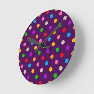 Colourful Rainbow Polka Dots Purple Round Clock