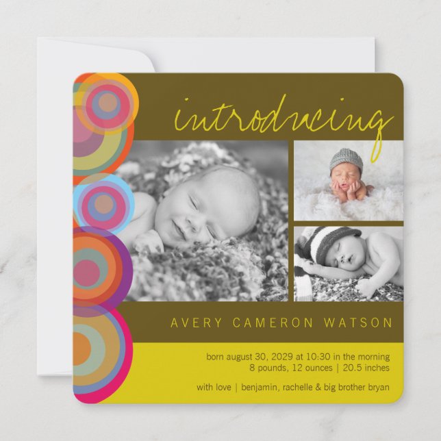 Colourful Rainbow Pop Circles Birth Announcement (Front)