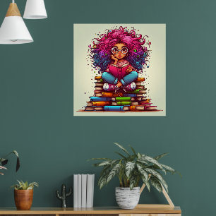 Colourful Rainbow Reading Books Girl Wall Poster