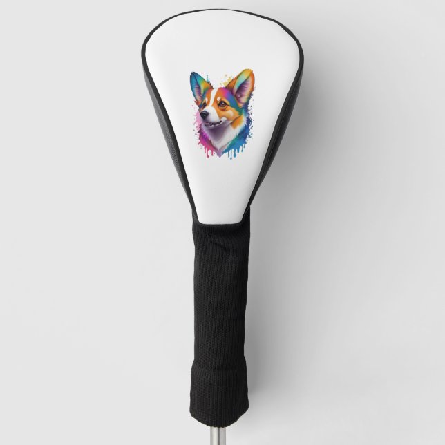 Colourful rainbow realistic Welsh Corgi dog Golf Head Cover (Front)