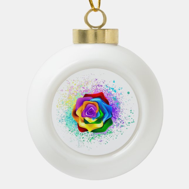 Colourful Rainbow Rose Ceramic Ball Christmas Ornament (Front)