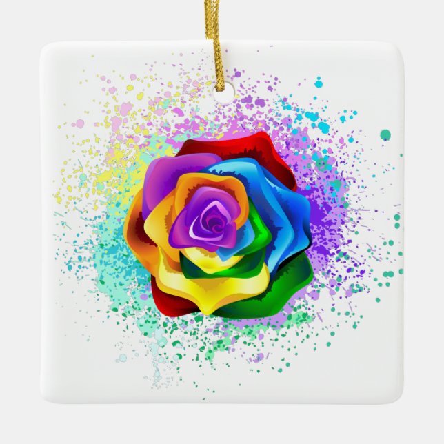Colourful Rainbow Rose Ceramic Ornament (Front)