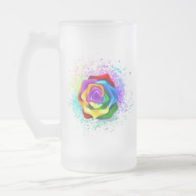 Colourful Rainbow Rose Frosted Glass Beer Mug (Left)