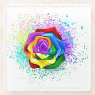 Colourful Rainbow Rose Glass Coaster