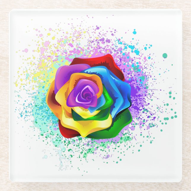 Colourful Rainbow Rose Glass Coaster (Front)