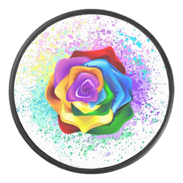 Colourful Rainbow Rose Hockey Puck (Front)