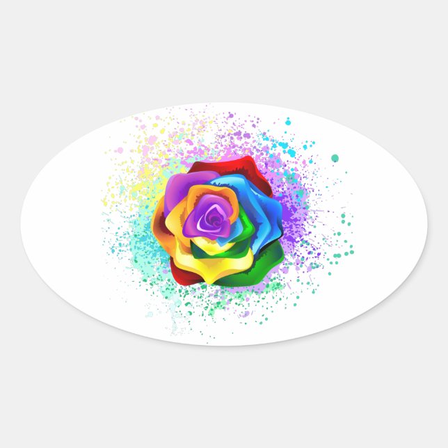 Colourful Rainbow Rose Oval Sticker (Front)