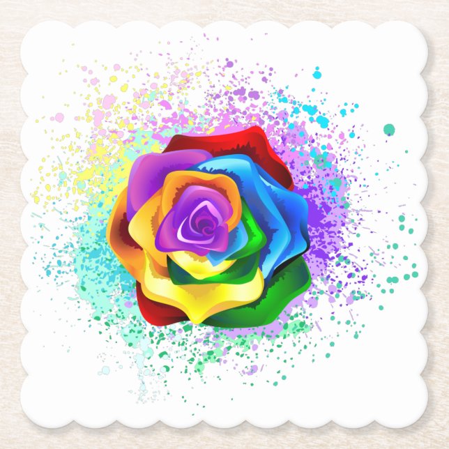 Colourful Rainbow Rose Paper Coaster (Front)