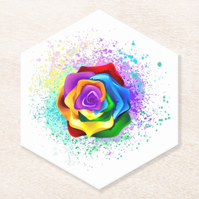 Colourful Rainbow Rose Paper Coaster (Front)