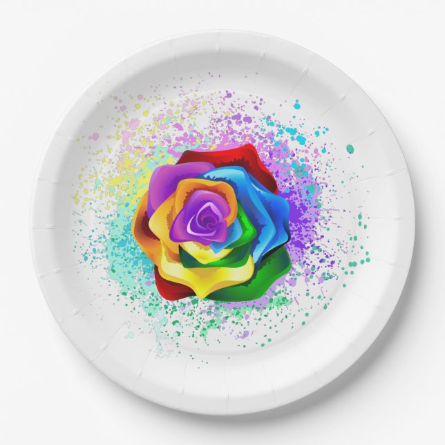Colourful Rainbow Rose Paper Plate (Front)