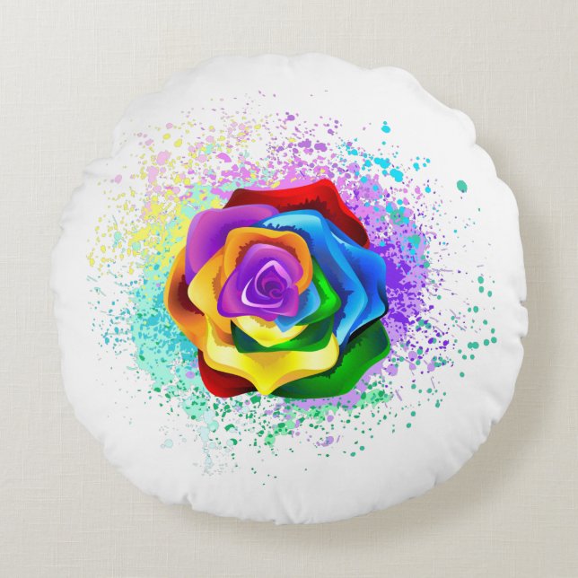 Colourful Rainbow Rose Round Cushion (Front)