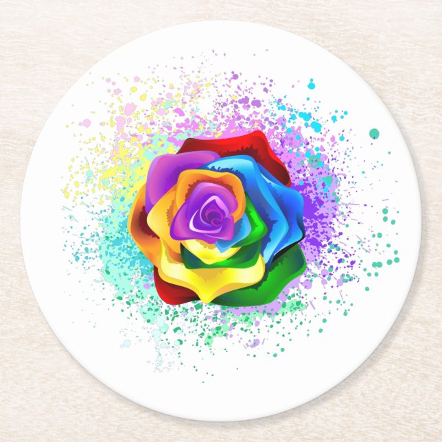 Colourful Rainbow Rose Round Paper Coaster (Front)