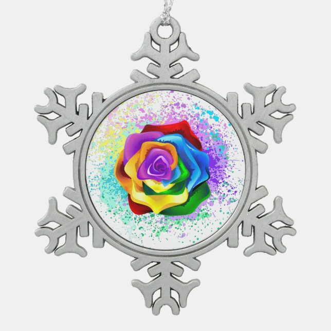 Colourful Rainbow Rose Snowflake Pewter Christmas Ornament (Front)