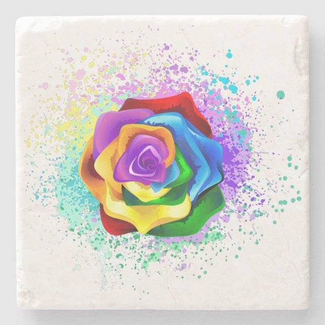 Colourful Rainbow Rose Stone Coaster (Front)