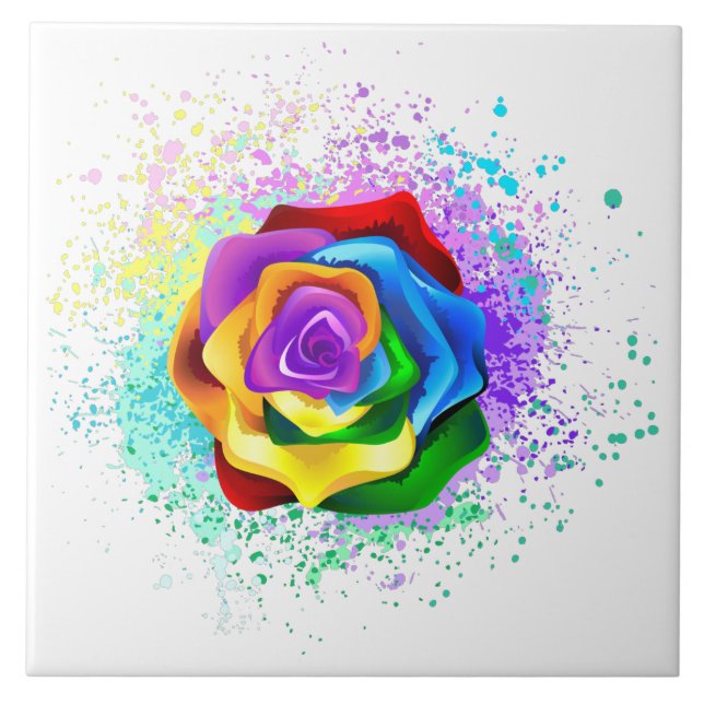 Colourful Rainbow Rose Tile (Front)