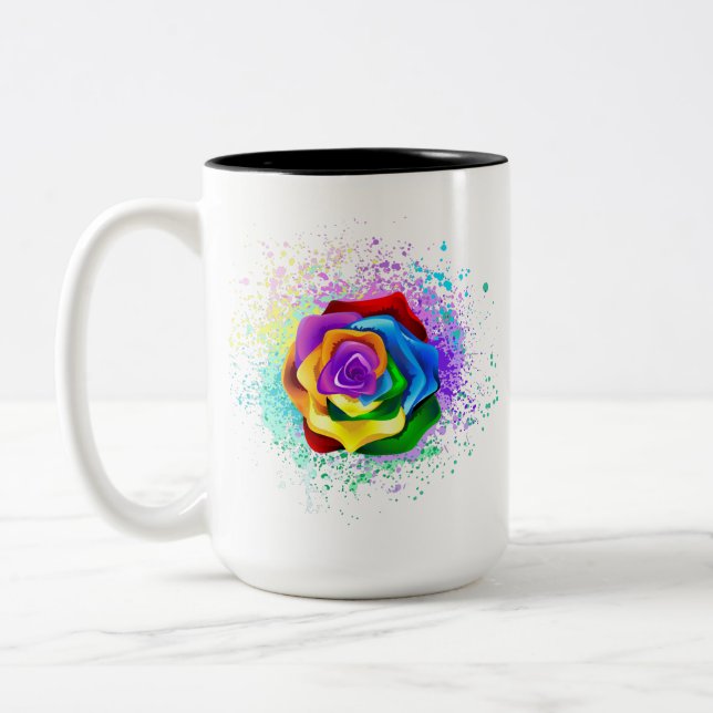 Colourful Rainbow Rose Two-Tone Coffee Mug (Left)