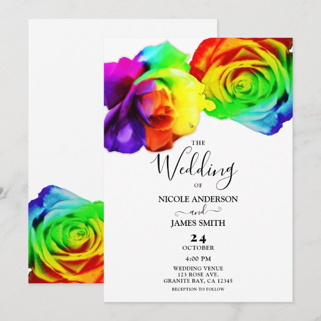 Colourful Rainbow Roses Bold Floral White Wedding Invitation (Front/Back)
